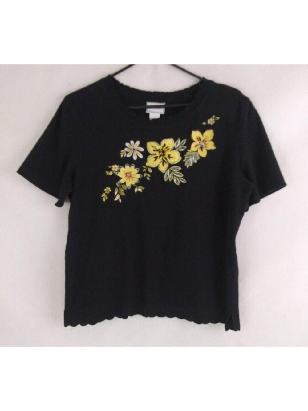 Vintage Napa Valley Black Blouse With Yellow Embroidered Floral Design Large